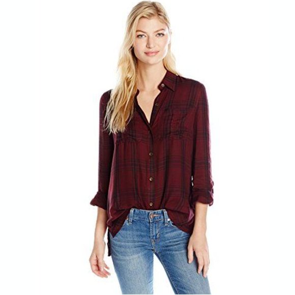 Jessica Simpson Dion Wine Plaid Rayon Shirt - Picture 1 of 2